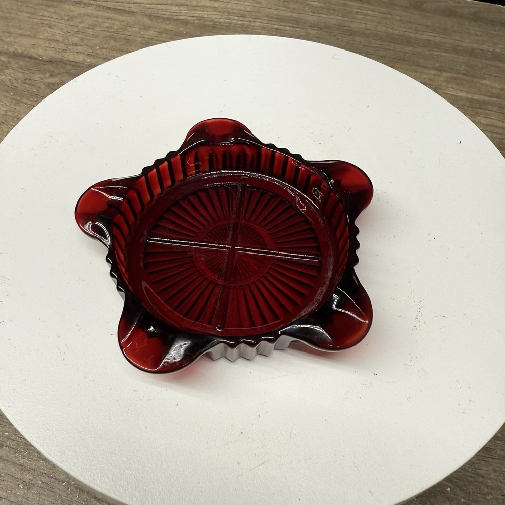 Vintage RUBY RED GLASS Ashtray-Trinket Dish Ribbed Design 4" No Chips
